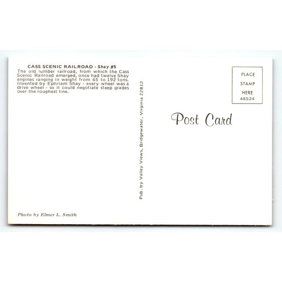 Cass Scenic Railroad Shay #5 Steam Locomotive Vintage Photochrome Postcard - Picture 2 of 2